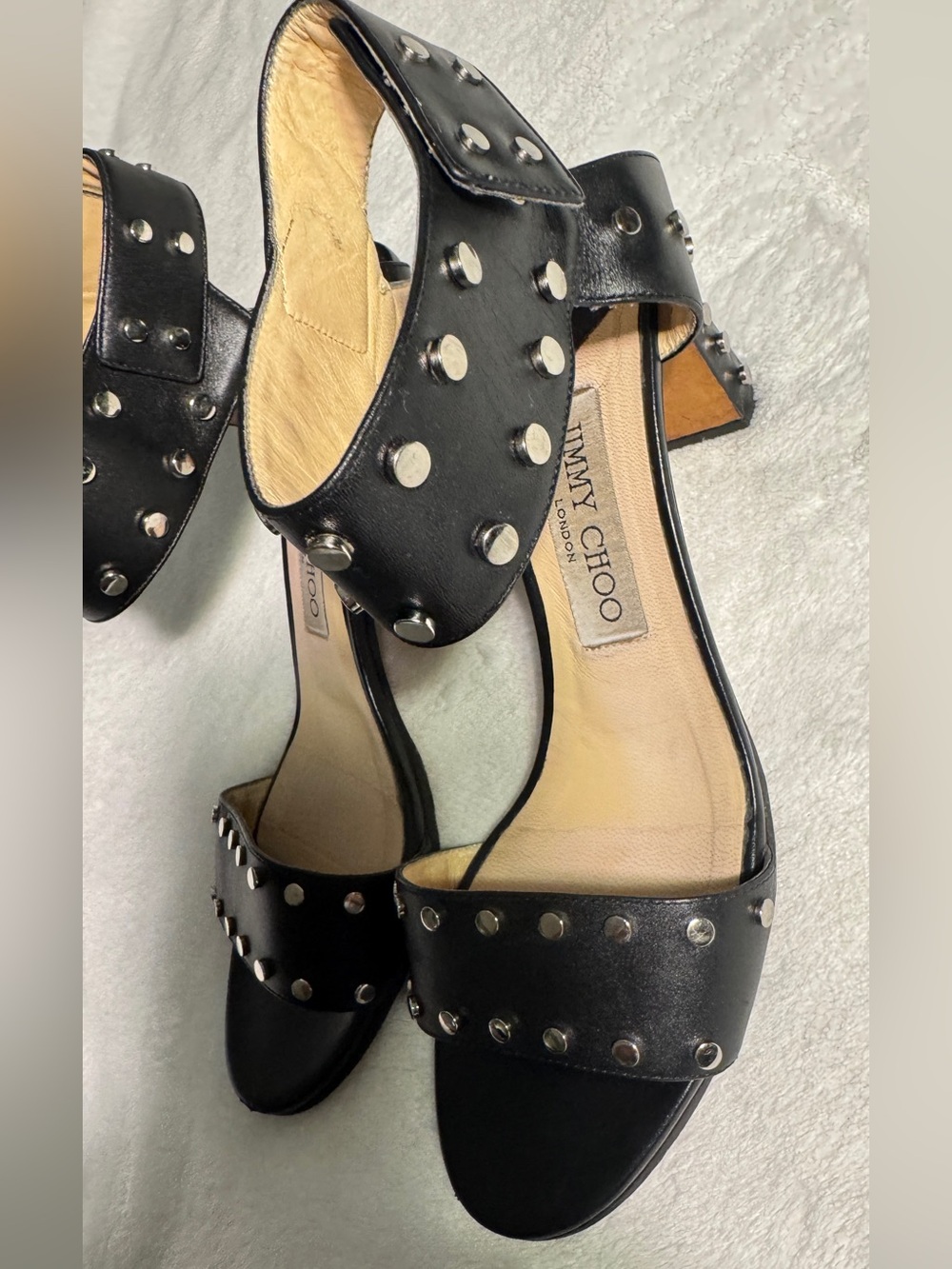Jimmy Choo Black Leather Studded Ankle-Strap Heels size 38